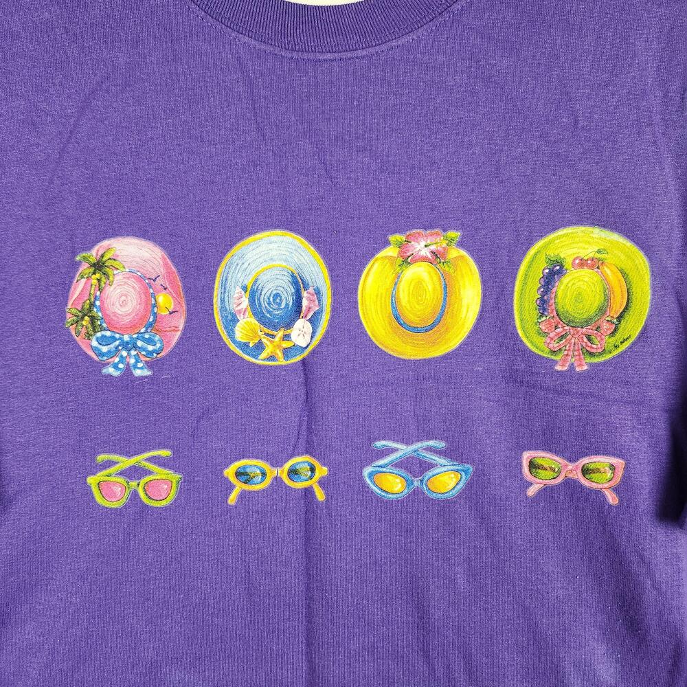 Vintage Beach Shirt Mens 2XL Purple Graphic Hats Sunglasses Colorful Summer Y2k